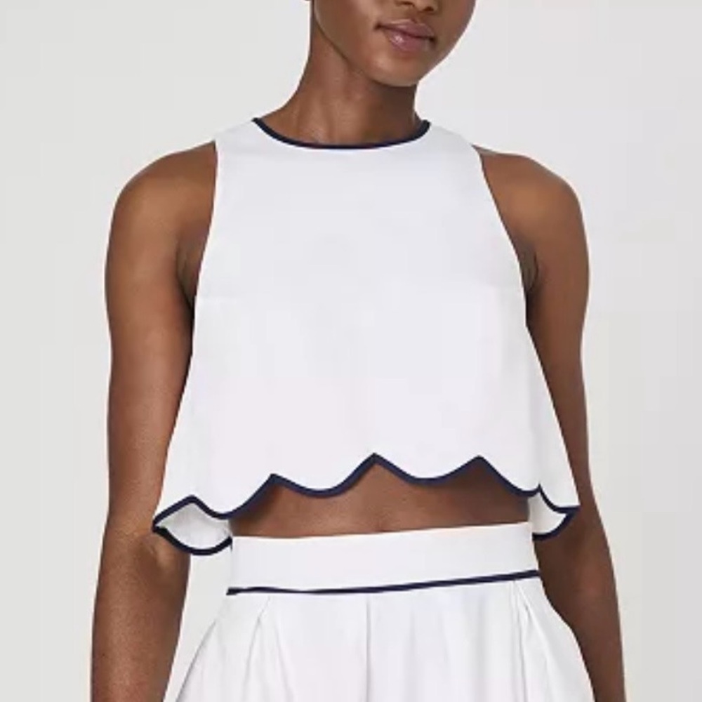 French Connection White and Navy Scalloped Crop Top